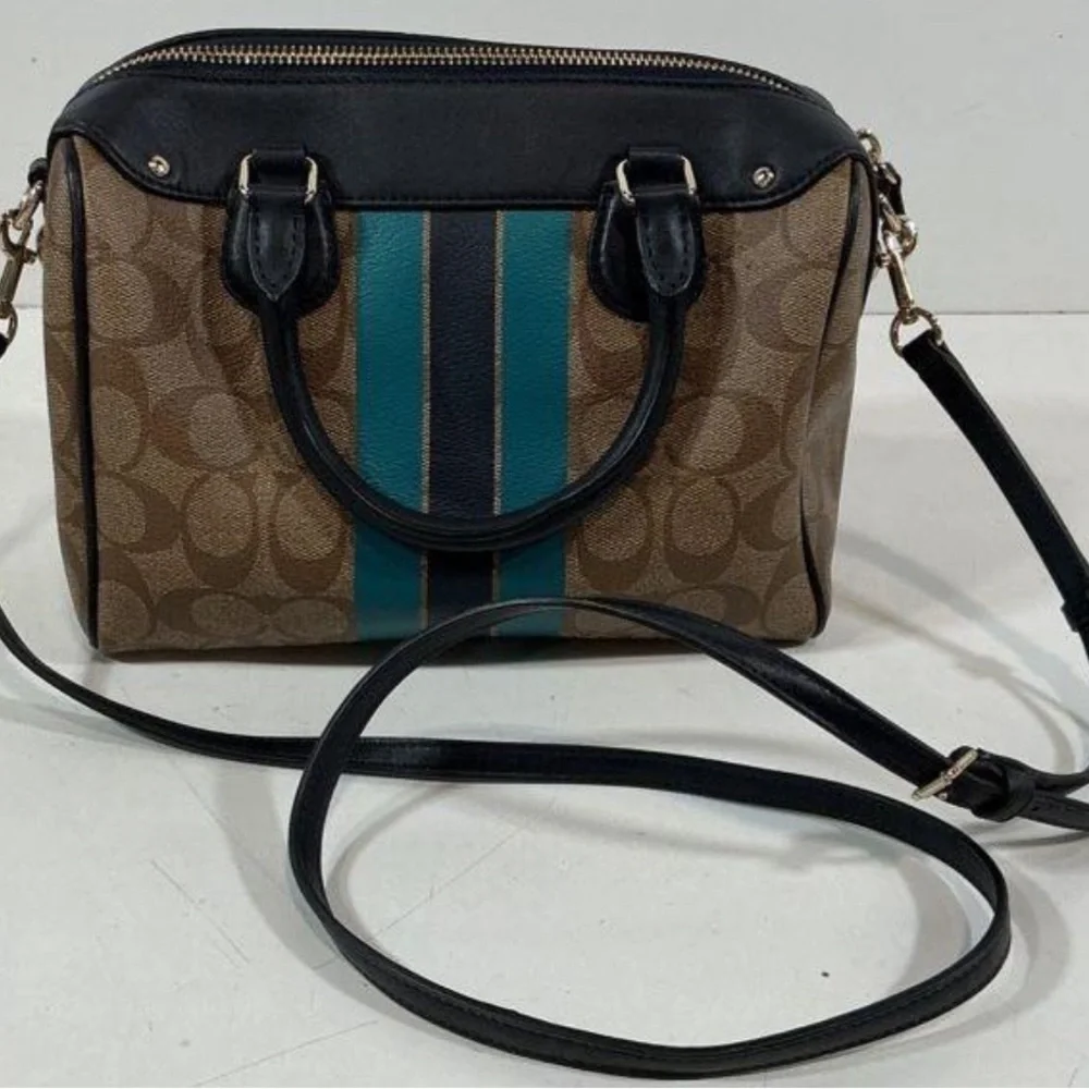 Women’s Coach Stripe Black and Teal Signature Satchel Bag
